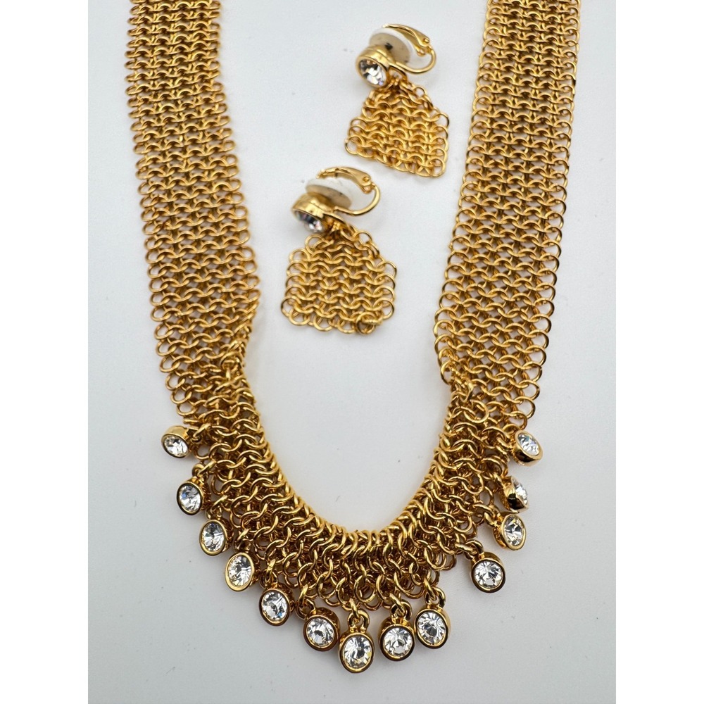 Vintage Swarovski Necklace Earrings Set Chainmail Mesh Collar Dangle with Box